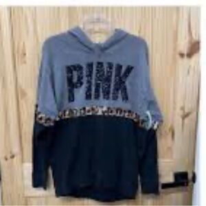 Gray and Black PINK Hoodie with Leopard Accents